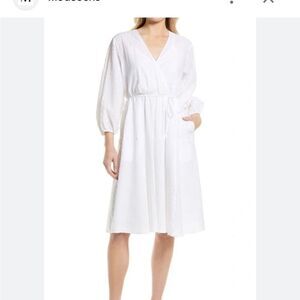 Nordstrom Womens Dress Longsleeve Faux Wrap White Cotton Casual Summer Vneck XS